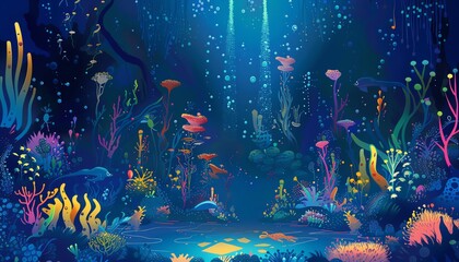 Bring to life an avant-garde underwater realm through vector art, portraying a dreamlike scene filled with fantastical elements and ethereal lighting, all from a striking frontal perspective