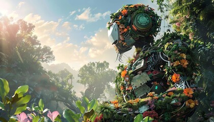Capture eco-friendly robots crafted from metallic hues blending with vibrant flora in mythical forests using dynamic angles for a surreal touch, vibrant and lively in intricate digital rendering techn
