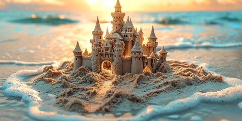 A sand castle stands tall on a sandy beach, surrounded by grains of sand under a clear sky.