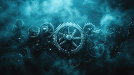 A close up of a blue background with a large gear in the center. The background is blurry and the gear is surrounded by other gears. The image has a futuristic and mechanical feel to it