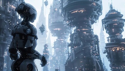 Incorporate intricate metallic beings towering, Distorted perspective radiating robot dystopia, Utilize CG 3D rendering for a surreal, immersive experience