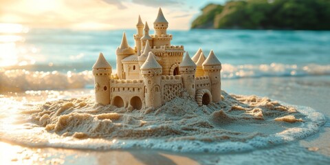 A sand castle stands tall on a sandy beach, surrounded by grains of sand under a clear sky.