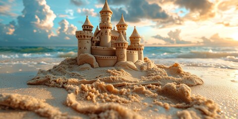 A sand castle stands tall on a sandy beach, surrounded by grains of sand under a clear sky.