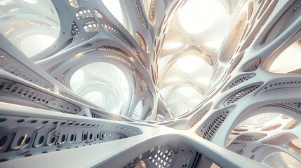 Translate utopian ideals into a digital realm with CG 3D rendering, showcasing intricate, futuristic architectural wonders in a worms-eye view perspective - obrazy, fototapety, plakaty