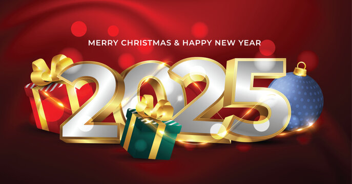 Merry christmas and happy new year 2025 concept background with golden number and christmas elements