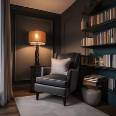 A cozy reading nook with a comfortable chair, a stack of books, and a soft, reading lamp3