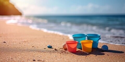 plastic сhildren's beach toys and a starfish on sand near sea. Summer vacation concept