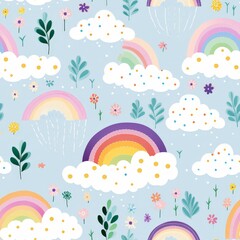 Playful Kids Pattern with Colorful Clouds