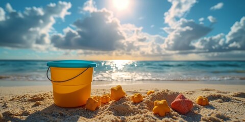 plastic сhildren's beach toys and a starfish on sand near sea. Summer vacation concept