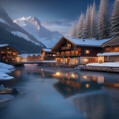 Fototapeta premium A picturesque mountain village with snow-capped peaks, wooden chalets, and a frozen lake4