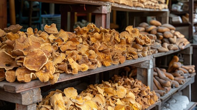 A variety of mushrooms are displayed on wooden shelves. The mushrooms are of different sizes and colors, and they are arranged in a way that makes them easy to see and access