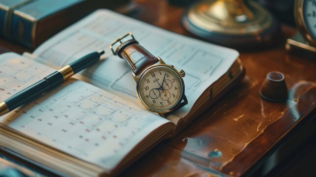 time management skills, a diary, wristwatch, and calendar on a desk form a time management banner, highlighting the essence of efficient task organization and prioritization