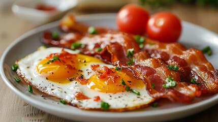 breakfast cuisine, savor a delicious plate of bacon and eggs, a staple of a classic english breakfast