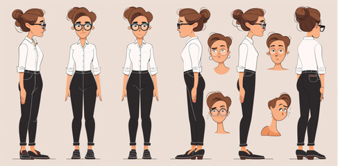 
set of character animation sheets with front, side and back views of a business woman wearing black pants, a white shirt, glasses, different facial expressions, various poses
