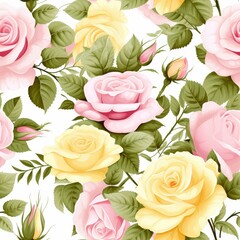 Delicate Roses Seamless Pattern with Yellow Leaves