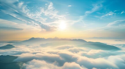 Fototapeta premium KSBeautiful misty valley at sunrise aerial view of mount