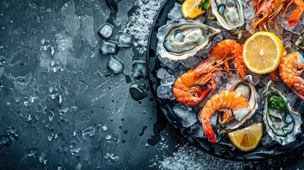 A bowl of oysters, shrimp, lemons, and ice sits on a table, ready to be enjoyed. This arrangement of fresh seafood and citrus is perfect for a refreshing seafood dish AIG50