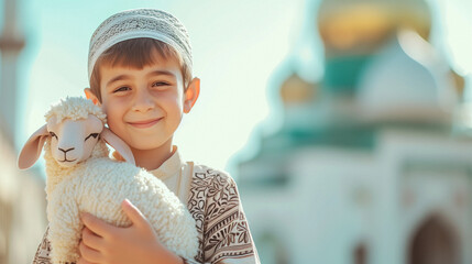 Muslim boy holds sheep toy smiling, mosque background, Eid Mubarak, Eid al Adha