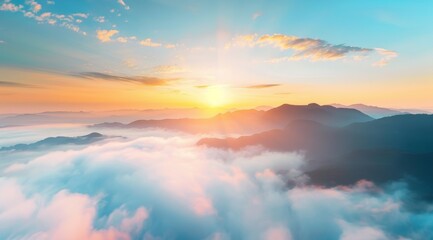 Naklejka premium KSBeautiful misty valley at sunrise aerial view of mount