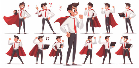 
set of character designs featuring a happy young man in a white shirt, tie and red cape doing various poses and expressions. The multiple pose sheet is for animation purposes