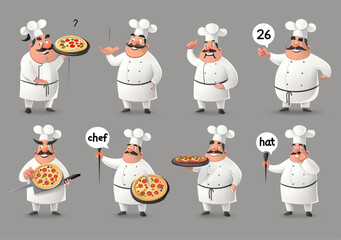 set of "26 chef characters", vector illustration, in a flat design style, with multiple poses and expressions, full body with apron in white or brown uniform and hat holding pizza and a menu board, on