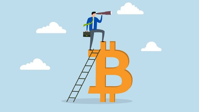 Future of bitcoin and cryptocurrency, 4k animation of investor climbs ladder to  top of Bitcoin using telescope to see opportunity.