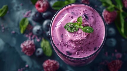 summer beverage option, indulge in a rich blueberry milkshake topped with a fresh mint leaf, a deliciously satisfying drink choice