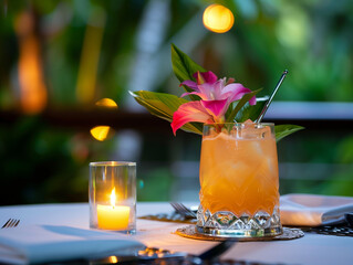 A table set with a candle and a refreshing Mai Tai drink, perfect for a romantic evening