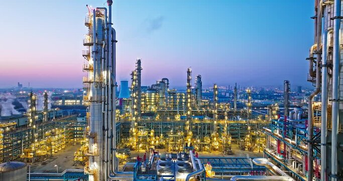 Aerial view of industrial area refinery and chemical plant at sunset