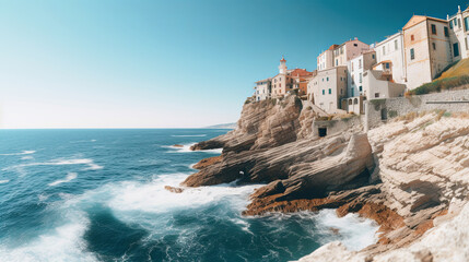 Fototapeta na wymiar A sun-drenched coastal town with whitewashed buildings cascading down a cliffside, azure waves crashing against the rocky shore below, seagulls wheeling overhead in the clear blue sky, imbuing the sce