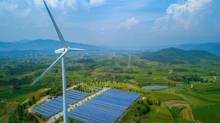 Aerial view of the Solar panel, photovoltaic, alternative electricity source with a wind turbines on a sunny day AI generated