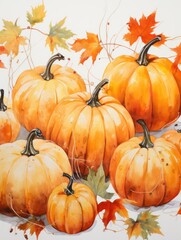 A watercolor depiction of a playful pumpkin patch