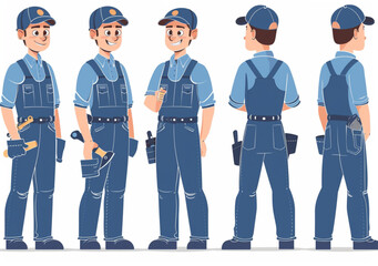 Set of vector flat style illustrations, a smiling young man in blue uniform overalls and cap with tools around his waist standing on a white background,