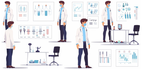set of vector illustration, young male doctor character in different poses and with white coat, wearing mask on face 