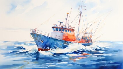 Naklejka premium A watercolor illustration of a fishing boat