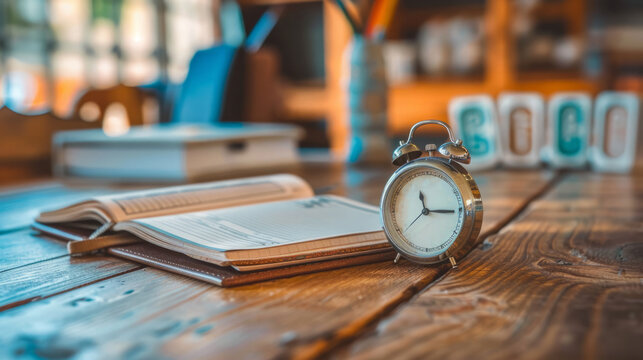 time management skills, an unoccupied desk with a timer and a schedule signifies the importance of effective time management for learning and personal development