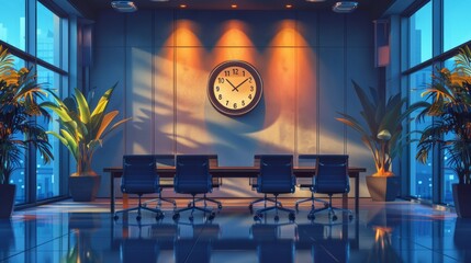 time management concept banner displayed in an empty conference room with a prominent digital clock...