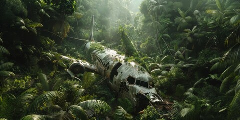An old airplane, enveloped in dense jungle foliage, sits abandoned in the center of the image. It is clear that the plane has been there for some time as it is heavily covered with moss and grass - Powered by Adobe
