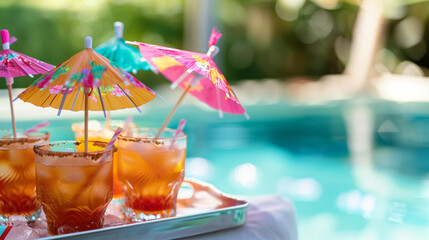 A tray with colorful drinks and umbrellas placed next to a sparkling swimming pool at a pool party, copy space