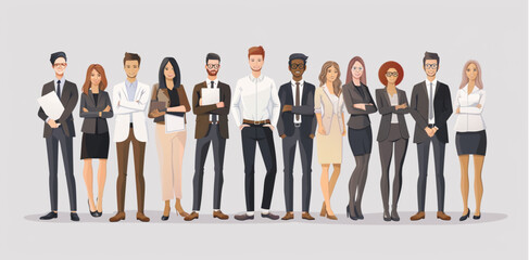 
This group of business people are standing in a row on a white background in the style of a vector illustration flat design
