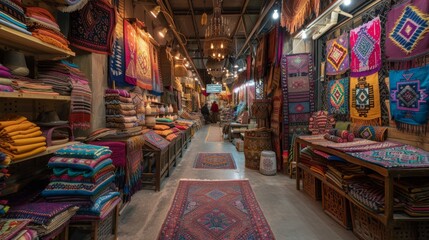 A Long Aisle Filled With Colorful Blankets Rugs and Other Knick Knacks - Generative AI