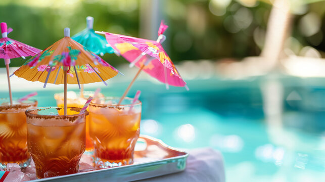 A tray with colorful drinks and umbrellas placed next to a sparkling swimming pool at a pool party, copy space