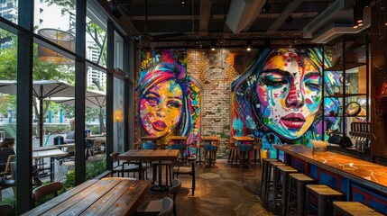 street art inspiration, the urban interior is brightened by colorful graffiti art, creating a vibrant and energetic atmosphere with bold and vivid designs on the walls
