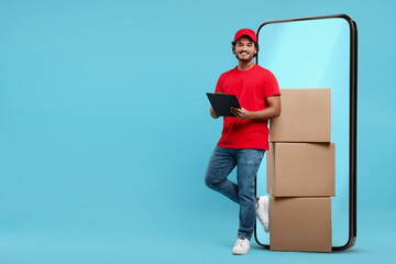 Courier with stack of parcels and clipboard near huge smartphone on light blue background. Delivery...