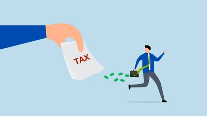 Tax evasion, 4k animation of frustrated businessman ran with full money from tax bills.