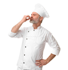 Chef in uniform showing perfect sign on white background