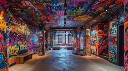 ceiling graffiti art, the ceiling displays a colorful graffiti mural, featuring intricate designs and vibrant hues that captivate the observer, offering an engaging atmosphere - Powered by Adobe