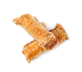 Eastern sweets. Pieces of tasty baklava isolated on white, top view