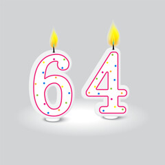 Number sixty four candle. Vector birthday candle.