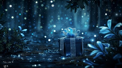 Gift box in dark forest with snowflakes.